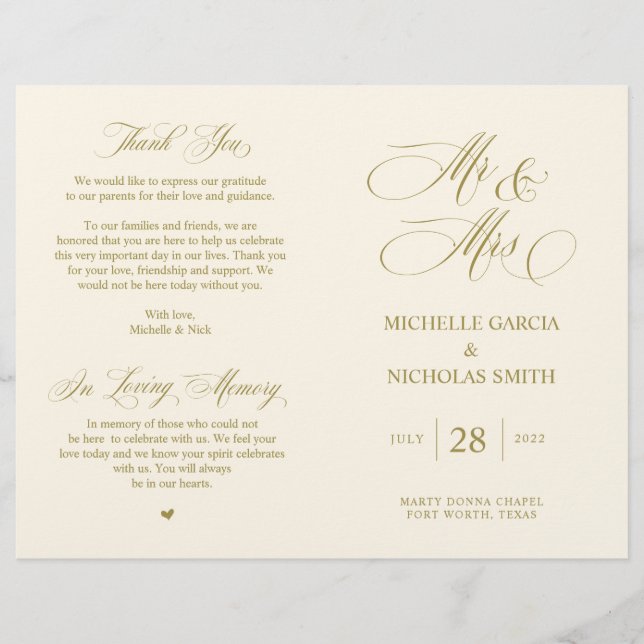 M. et Mme, Police Gold, Programme de mariage pliab (Devant)