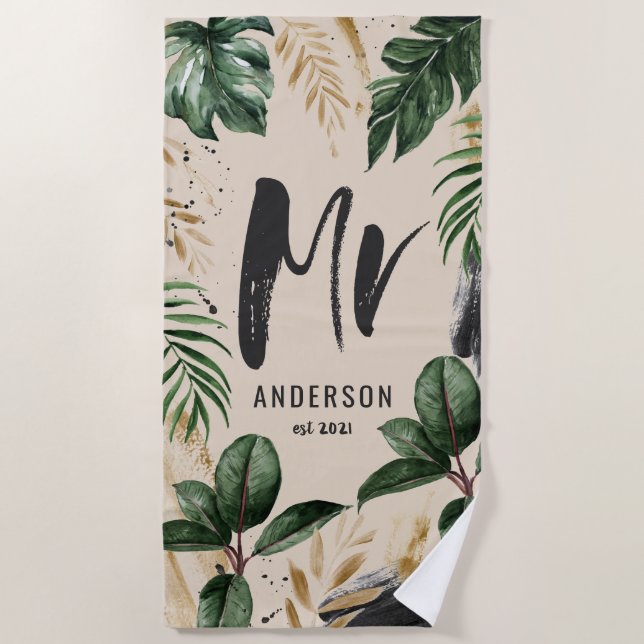 M. feuille tropicale & typographie serviette de pl (Devant)