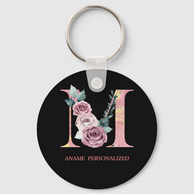 M Floral Monogram Name Letters Pink Agate Keychain (Front)