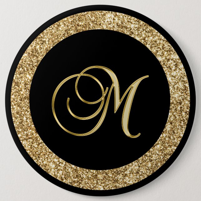 M gold monogram on black 6 inch round button (Front)