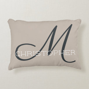 M Initial Personalized Name Neutral Taupe & Tan Accent Pillow