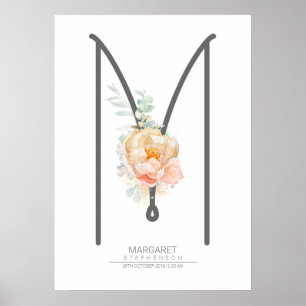 M Letter Monogram Blush Peach Floral Home Decor
