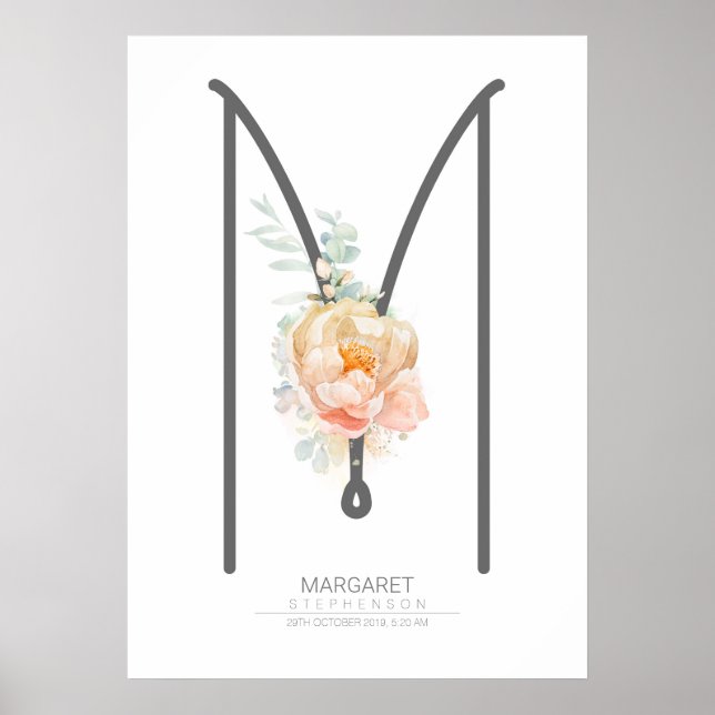 M Letter Monogram Blush Peach Floral Home Decor (Front)