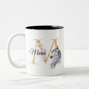 M letter personalised name monogram with horse Two-Tone coffee mug