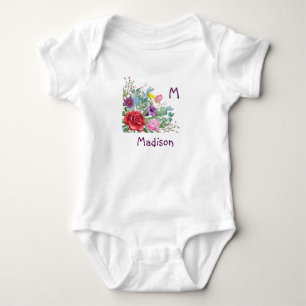 M Madison Personalize Initial Name, Rose Flowers Baby Bodysuit