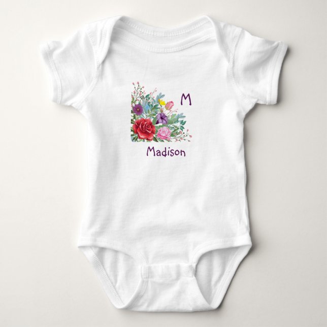 M Madison Personalize Initial Name, Rose Flowers Baby Bodysuit (Front)