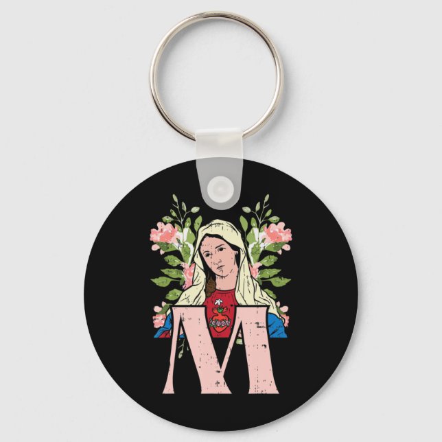 M Mary Virgin Sacred Heart Jesus Religious Catholi Keychain (Front)