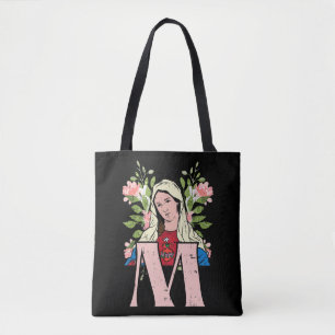 M Mary Virgin Sacred Heart Jesus Religious Catholi Tote Bag