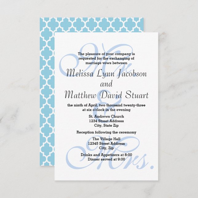 M. & Mme Blue-3x5 Mariage & Réception Invitation (Devant / Derrière)