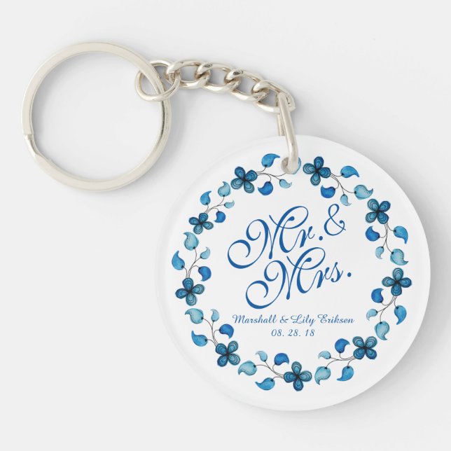 M. & Mme Blue Aquarelle Floral Mariage Porte - clé (Devant)
