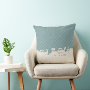 M. Mme Heart Script Coussin Mariage vert Seafoam