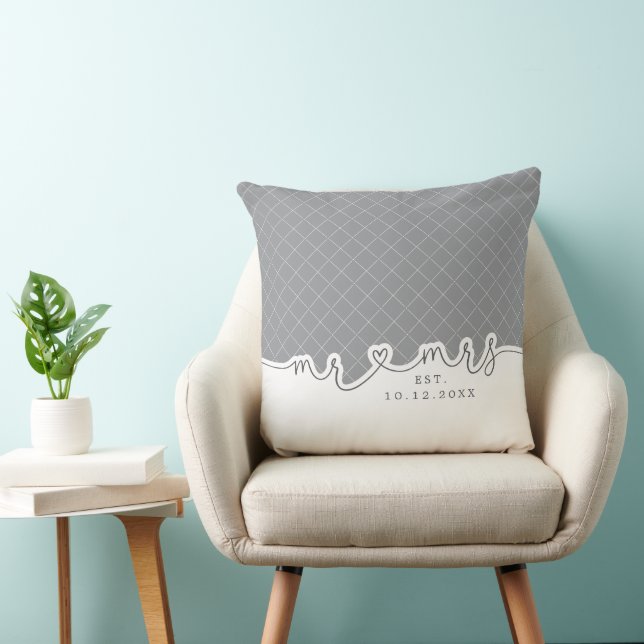 M. Mme Heart Script Grey White Mariage Coussin (Chaise)