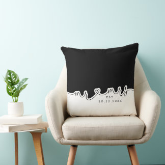 M. Mme Heart Script noir blanc Mariage Coussin
