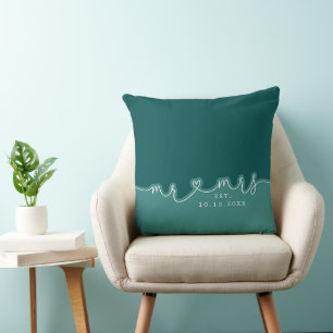 M. Mme Heart Script Turquoise Mariage vert Coussin