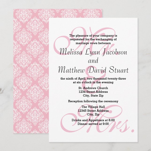 M. & Mme Pink - Invitation de mariage et réception (Devant / Derrière)