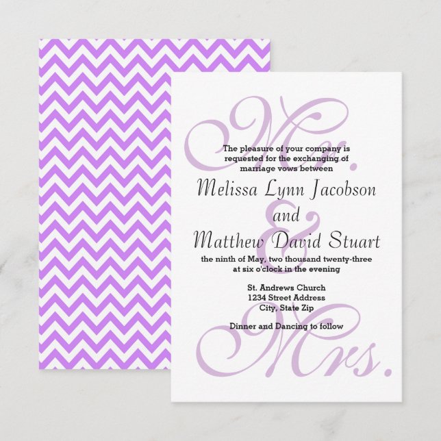 M. & Mme Purple Chevron - 3x5 Faire-part de mariag (Devant / Derrière)