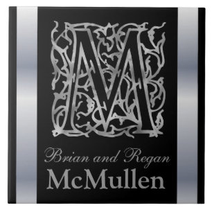 M Monogram and Name "Besque on Black" Ceramic Tile
