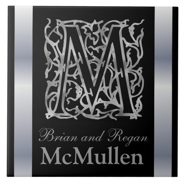 M Monogram and Name "Besque on Black" Ceramic Tile (Front)