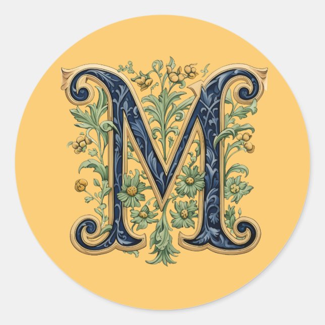 M monogram blue-gold flower classic round sticker (Front)
