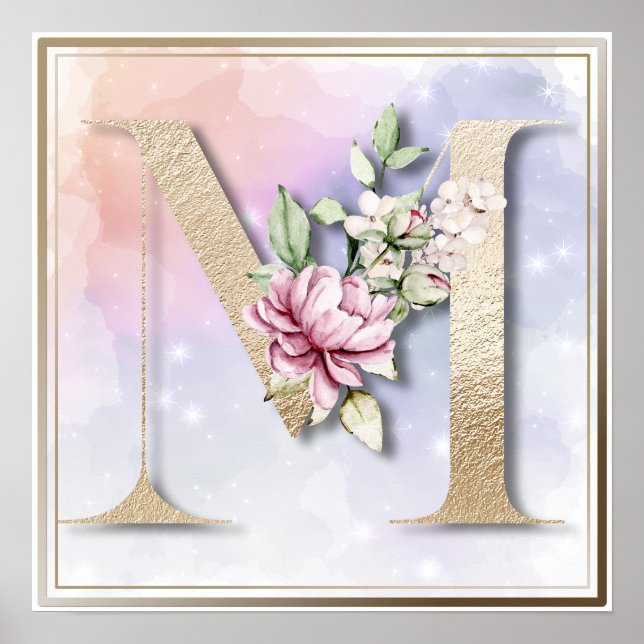M Monogram Burgundy Floral Poster (Front)