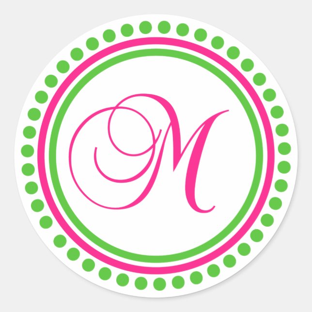 M Monogram (Hot Pink / Green Dot Circle) Classic Round Sticker (Front)
