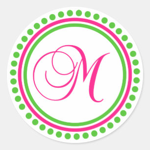 M Monogram (Hot Pink / Green Dot Circle) Classic Round Sticker