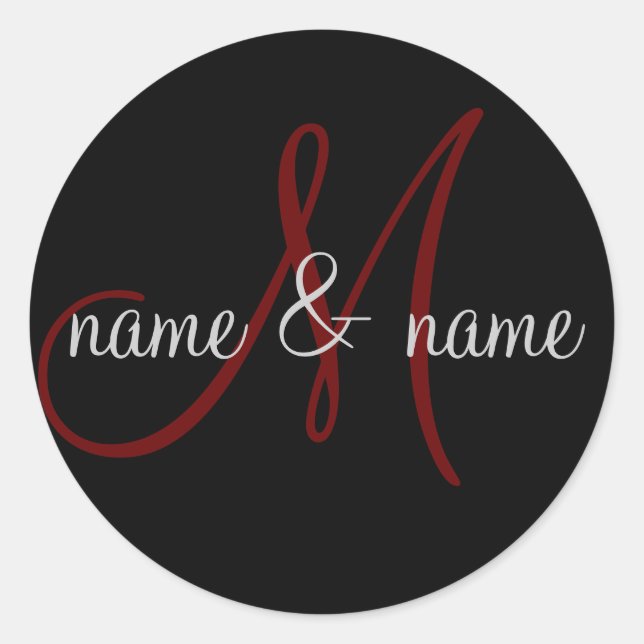 "M" monogram label, personalize first names Classic Round Sticker (Front)