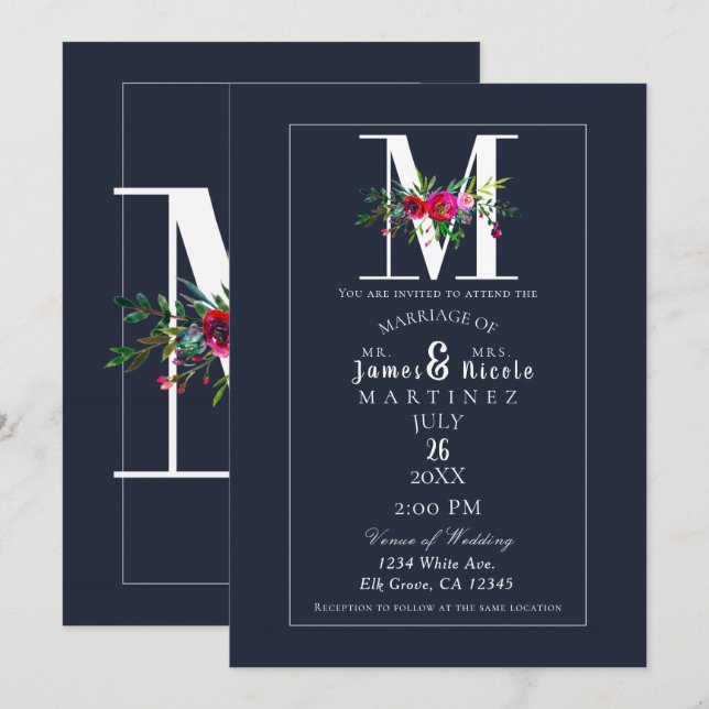 M Monogram Last Initial Modern Blue Floral Wedding Invitation (Front/Back)