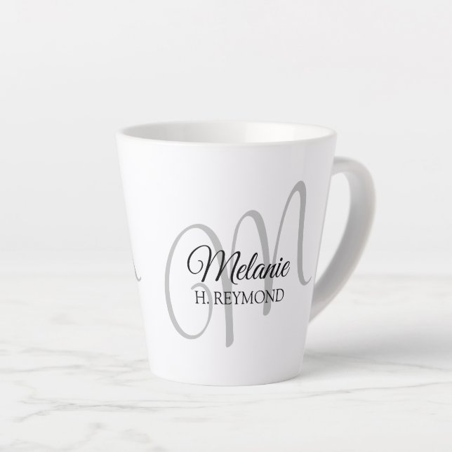 M monogram name& initial nice white latte mug (Right Angle)