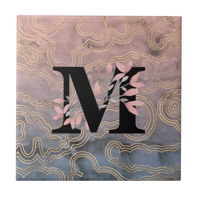 M Monogram w/Pink Floral Sprays on Waves Bckgrnd Tile (Front)