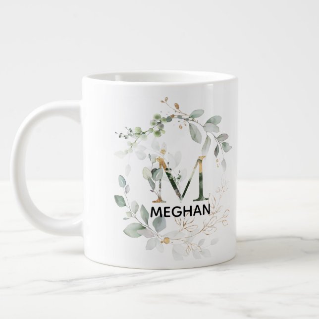 M Monogramme initial Mug vert avec nom (Gauche)