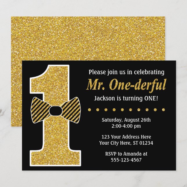 M. ONEderful Birthday Invitation ・ Black and Gold (Devant / Derrière)
