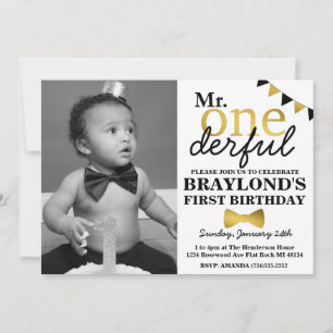 M. Onederful Black and Gold Invitation avec photo
