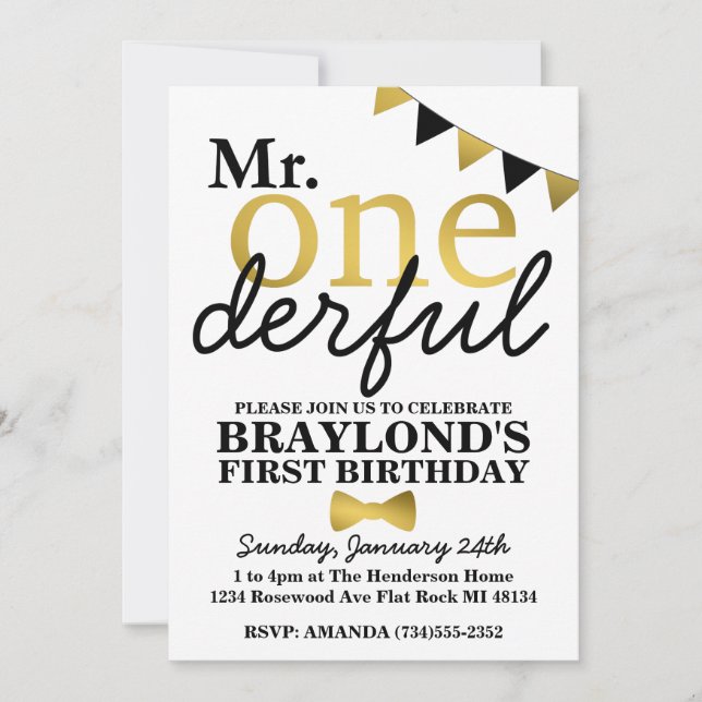 M. Onederful Black and Gold Invitation d'anniversa (Devant)