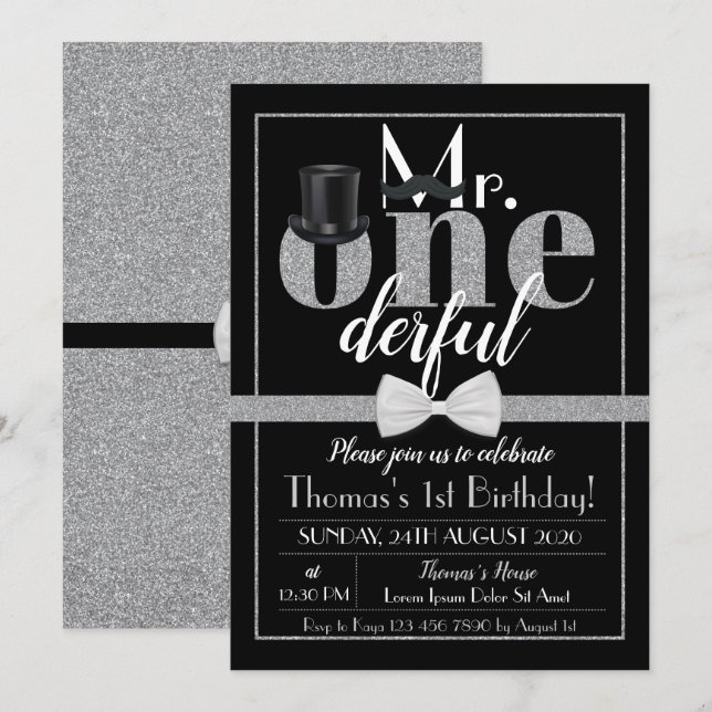 M. Onederful Invitation Anniversaire Noir & Blanc (Devant / Derrière)