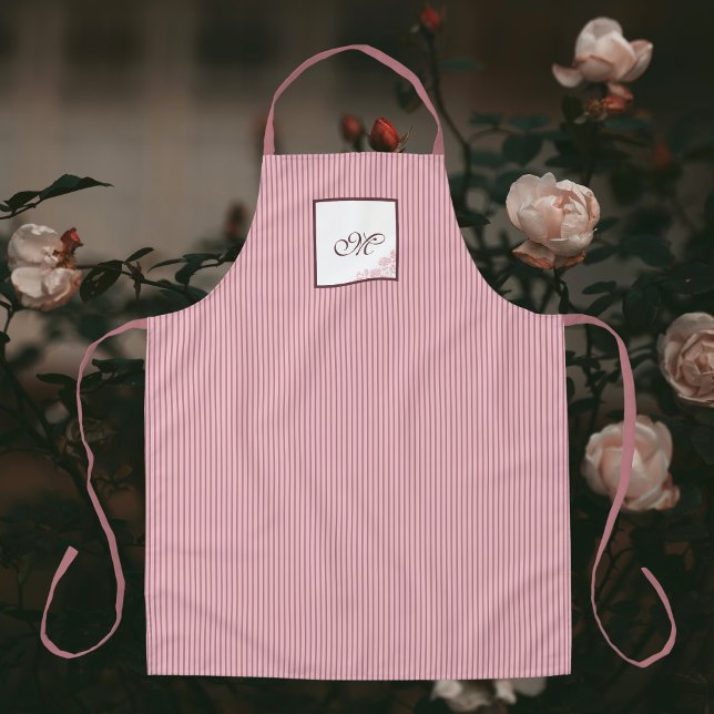 M Pink Stripe Rose Pattern Initial Script Monogram Apron (Creator Uploaded)