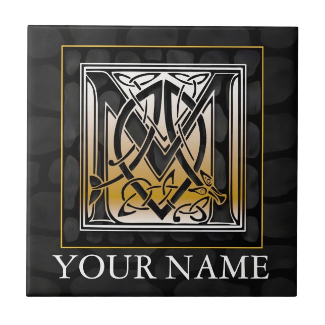 M "Your Name" Celtic Black Stone Monogram Tile (Front)