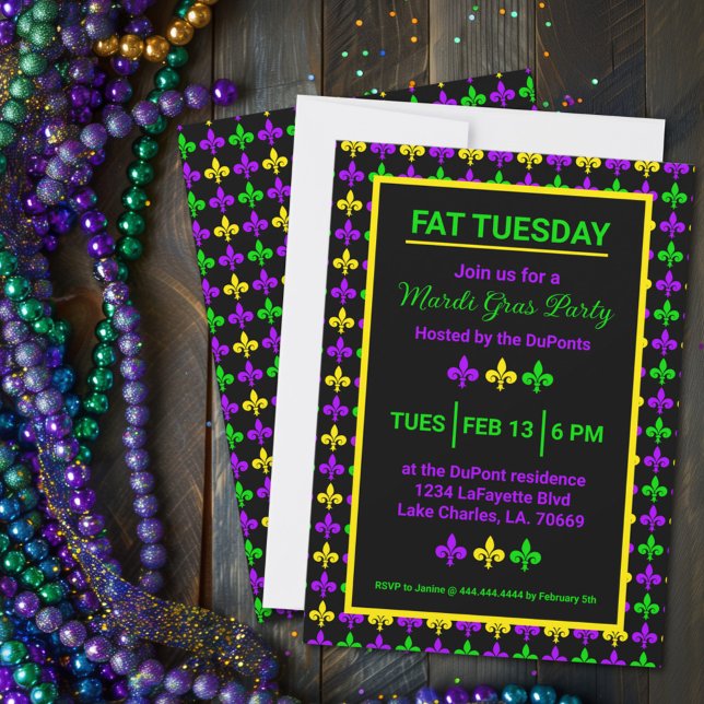Ma rid Gras Fleur de Lis Pattern Party Invitation (Creator Uploaded)
