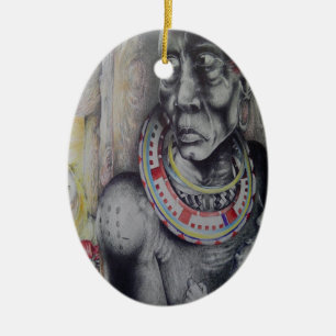 Maasai Mother and Child with Lion Art Print/Graphi Ceramic Ornament