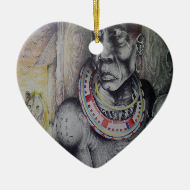 Maasai Mother and Child with Lion Art Print/Graphi Ceramic Ornament (Front)