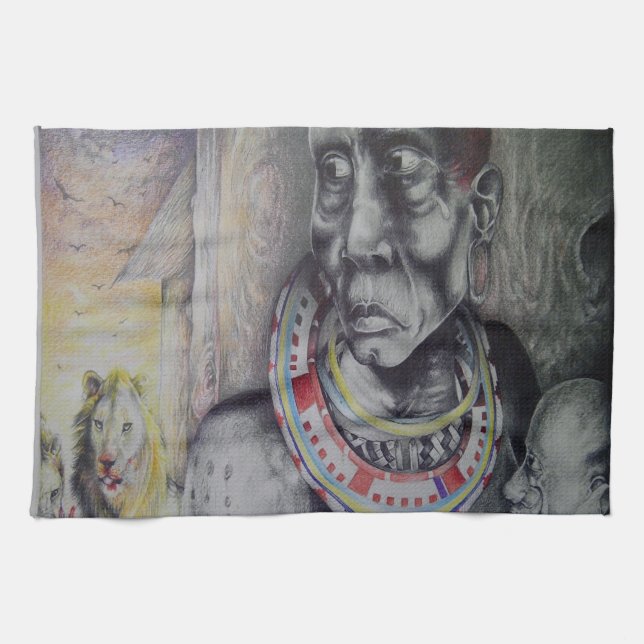 Maasai Mother and Child with Lion Art Print Kitchen Towel (Horizontal)