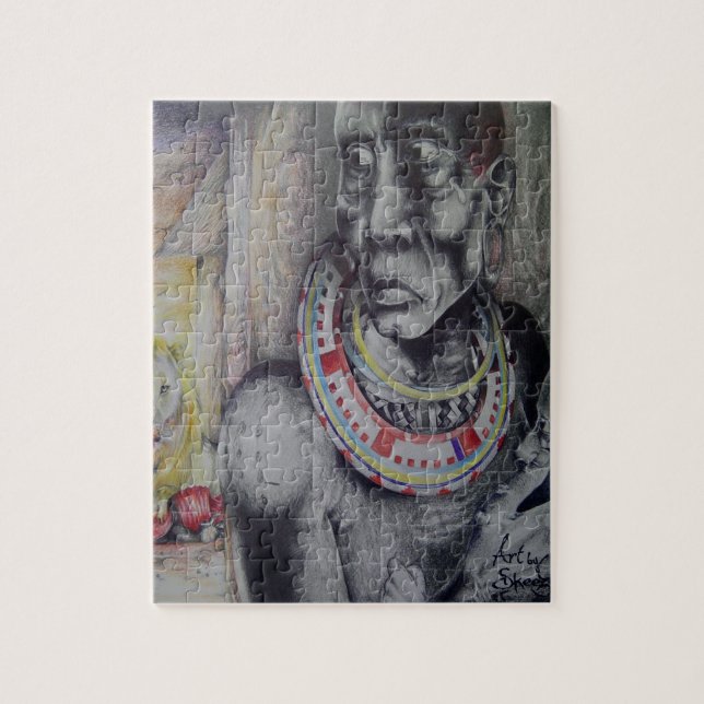 Maasai Mother & Child with Lion Art Print/Graphic Jigsaw Puzzle (Vertical)