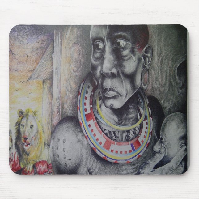 Maasai Mother & Child with Lion Art Print/Graphic Mouse Pad (Front)