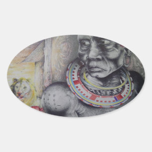 Maasai Mother & Child with Lion Art Print/Graphic Oval Sticker