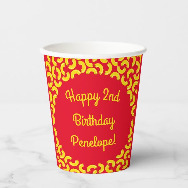Mac and Cheese Kid 1st Birthday Party Macaroni Paper Cups (Front)