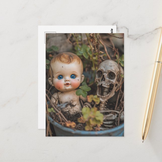 Macabre Doll and Skeleton in a Plant Postcard (Front/Back In Situ)