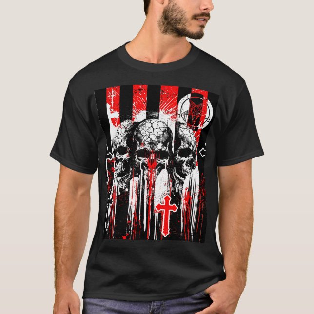 Macabre Elegance: Skulls and Crosses in Gothic Cha T-Shirt (Front)