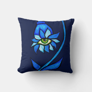 Macabre Witchy Eye Flower Creepy Spooky Blue Throw Pillow