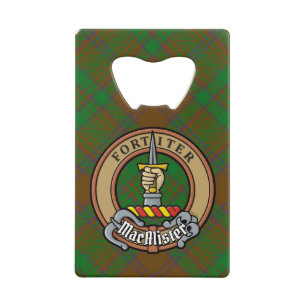 MacAlister of Glenbarr Crest over Hunting Tartan Credit Card Bottle Opener