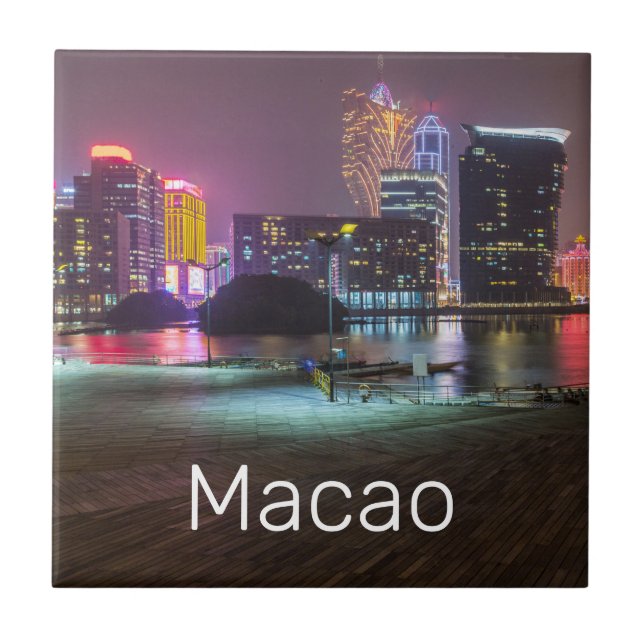Macao Casino Skyline Panorama China Nighttime Tile (Front)